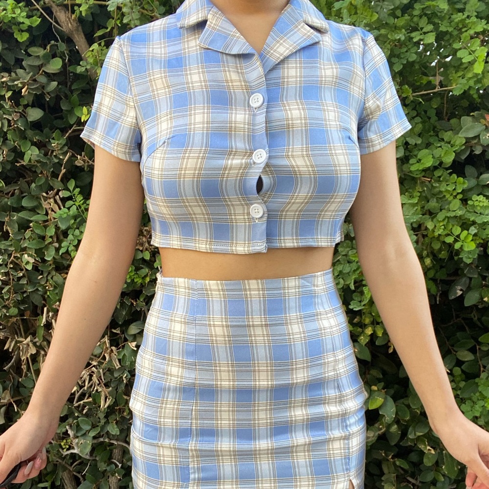 Blue plaid two piece set